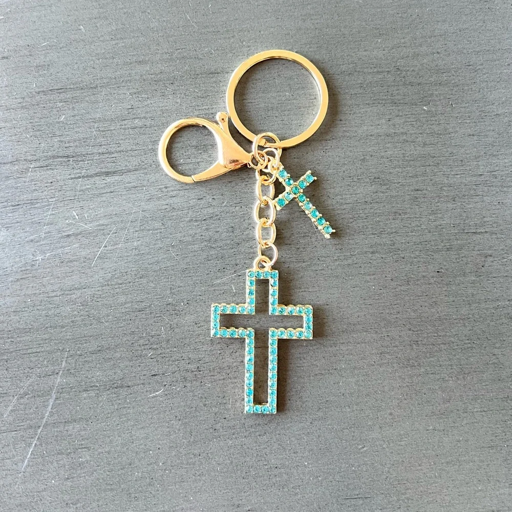 Gold Double Cross Allover Blue Turquoise Rhinestone 4